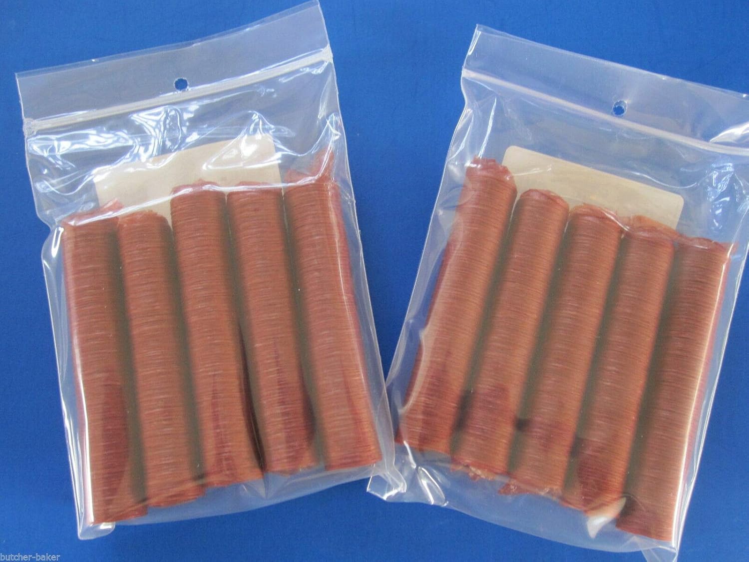 2 PACKS of 17 mm snack stick casings. Edible. 10 strands total. Collagen casings for 42 lbs of snack sticks. Easy to use. No soaking needed. Finished diameter of approx 5/8". Requires slim 3/8" tube