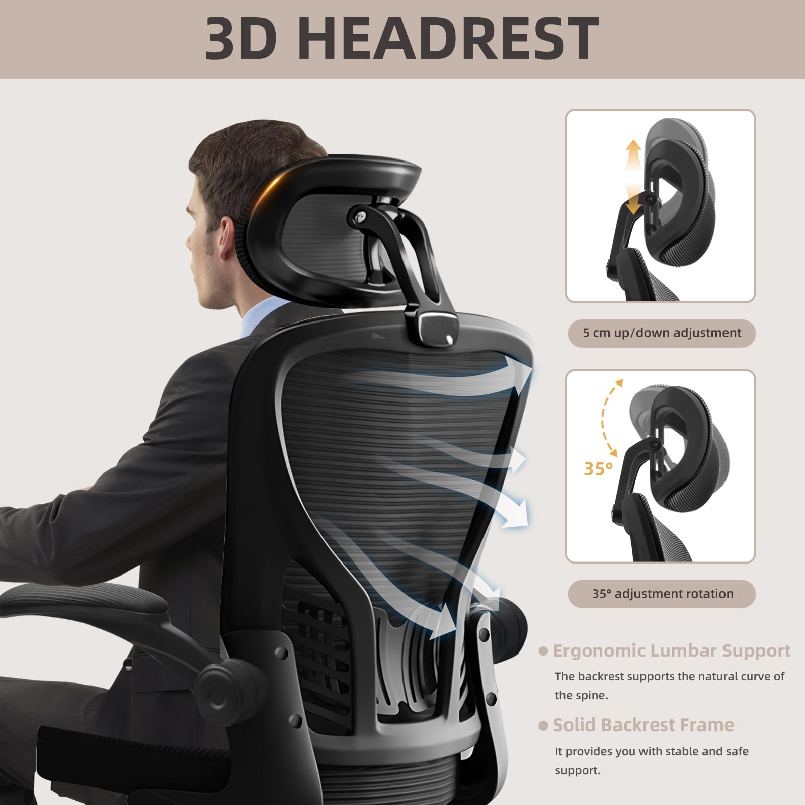 Chaise de Bureau, Chaise Ergonomique en Résille avec Soutien Lombaire et Appui-Tête Réglable, Coussin D'Assise Généreux, Adaptée au Bureau et à La Maison
