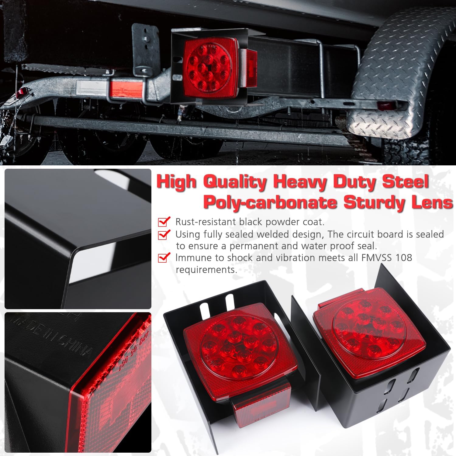 LINKITOM 12V Submersible Square Led Trailer Light w/Steel Mounting Boxes and License Plate Bracket Guard Cover for Under 80" Trailer Boat Truck, IP68,DOT Compliant