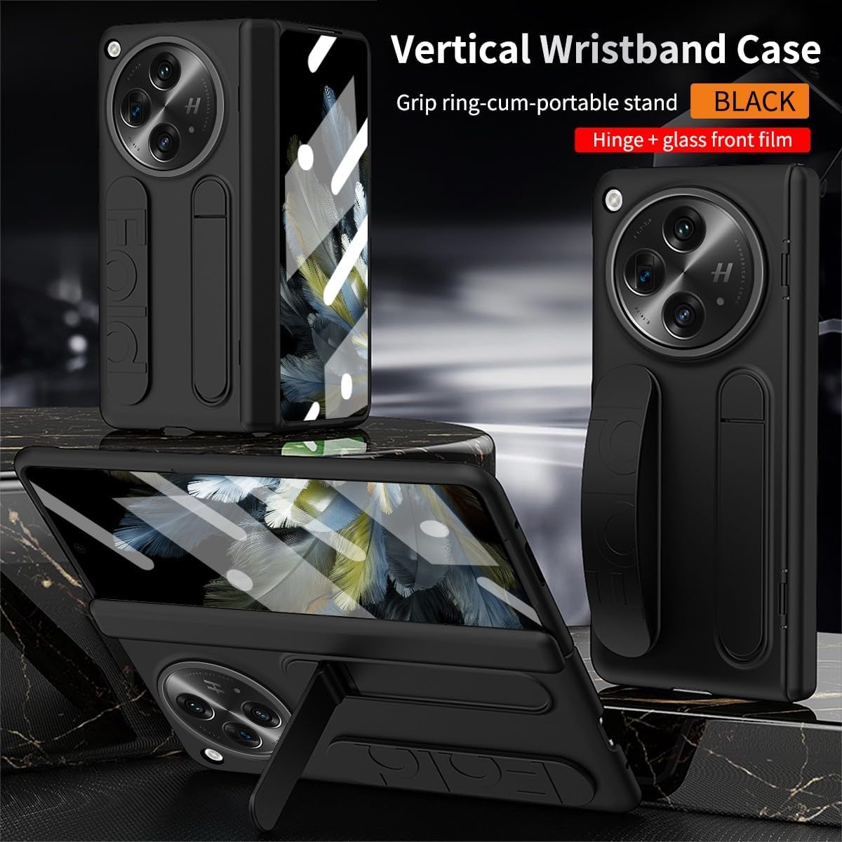 Generic case Compatible with One Plus Open (Color : Black) Wristband Hidden Kickstand Hard flip Case with Screen Glass Film