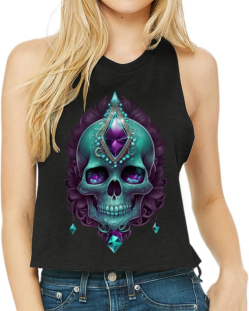 Skull Design Racerback Cropped Tank - Cute Skull Women's Tank - Cool Design Tank Top - Black, M