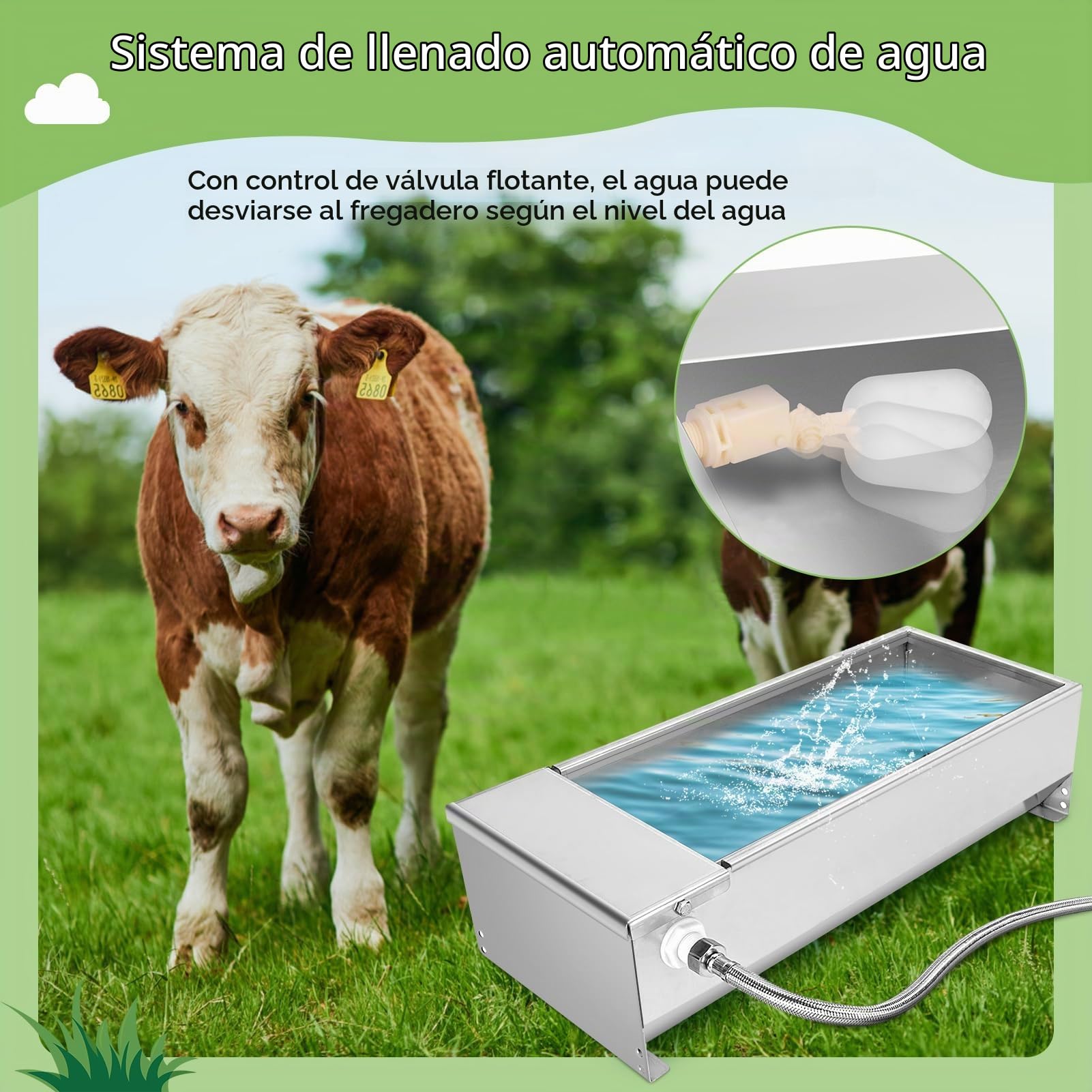 Wakects Bebedero de ganado de acero inoxidable, bebedero para ganado, bebedero automático, con válvula de flotador, 7,5 litros, para caballos, vacas, ovejas, perros