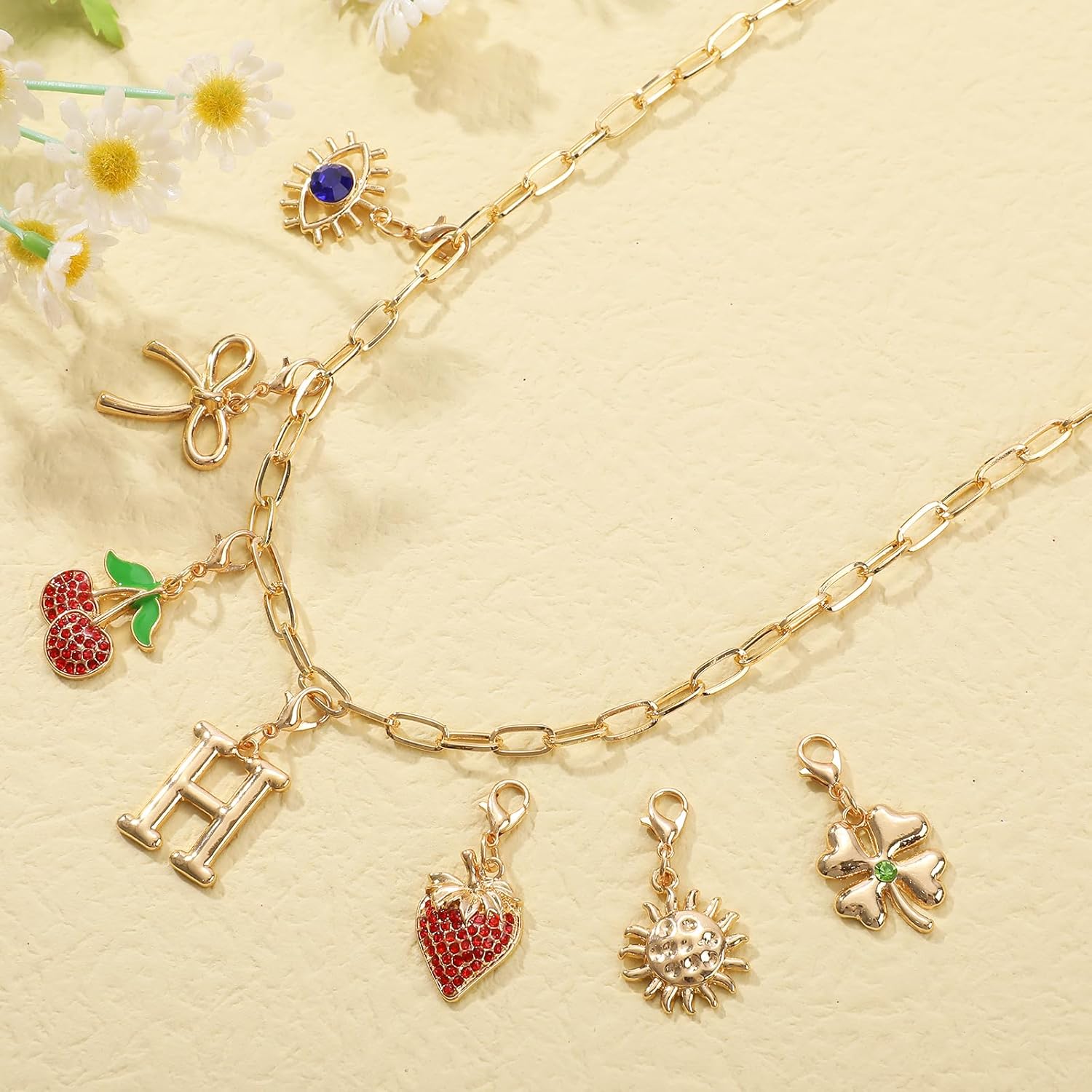 NEKOL Letter H Initial Charm Necklace for Women, Cherry Strawberry Evil Eye Sun Bow Four-Leaf Clover Personalized Pendant Necklace,Removable Charms Choker Trendy Jewelry Birthday Gifts for Her - Image 3