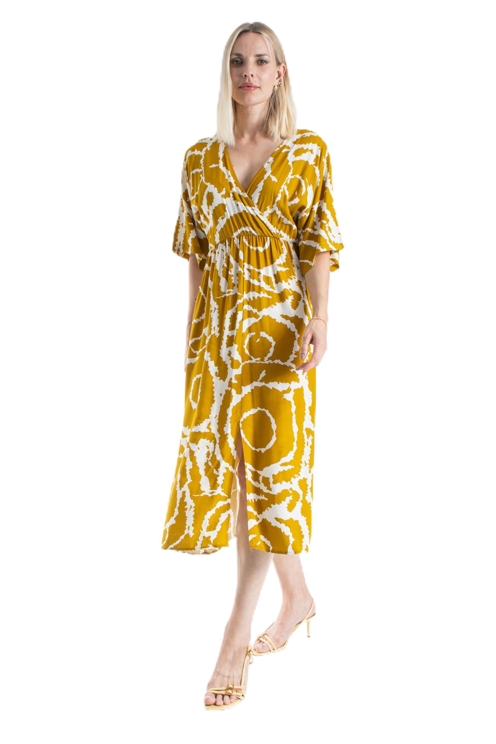Belissh Womens Viscose Printed Ornamental Floral Midi Dress in Mustard | Size: XL