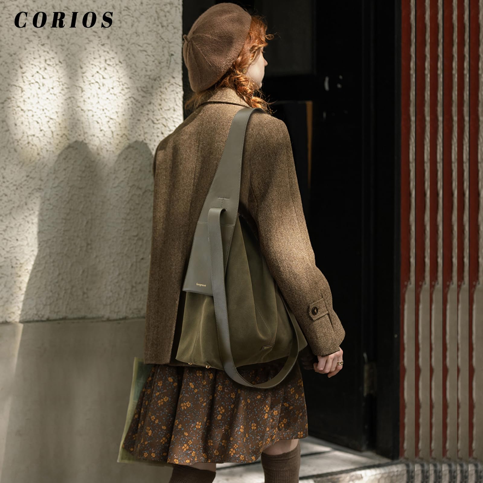 CORIOS Bolso de Mano de Ante para Mujer Otoño Invierno Bolso de Hombro Gran Bolsa Shopper Suave Bolso Tote Retro Bolso Bandolera Elegante Bolsa de Mensajero para Trabajo Viajes Compras Verde L