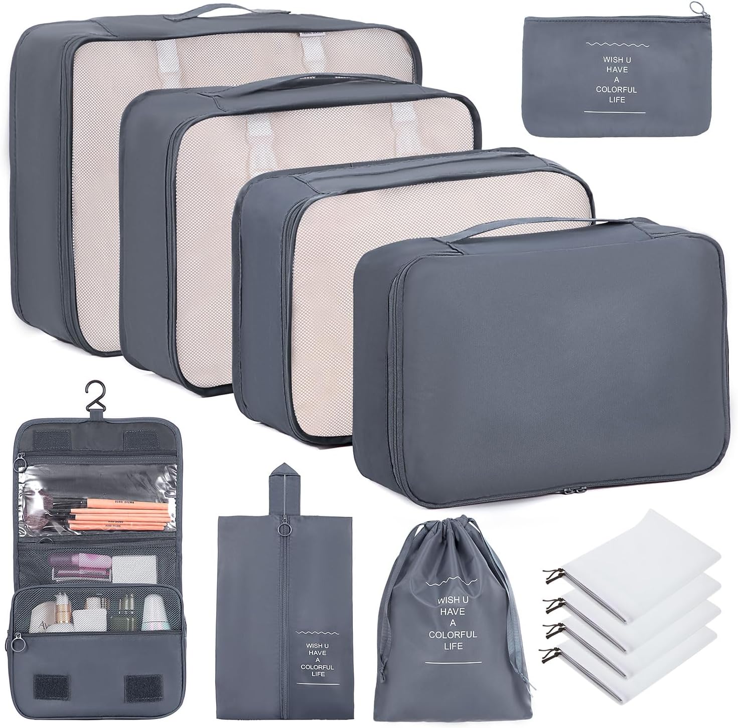 BESBESME 12PCS Packing Cubes for Suitcase Luggage Travel Packing Organizers Set with Cosmetics Bag Travel Essentials Bag Storage Bags Grey