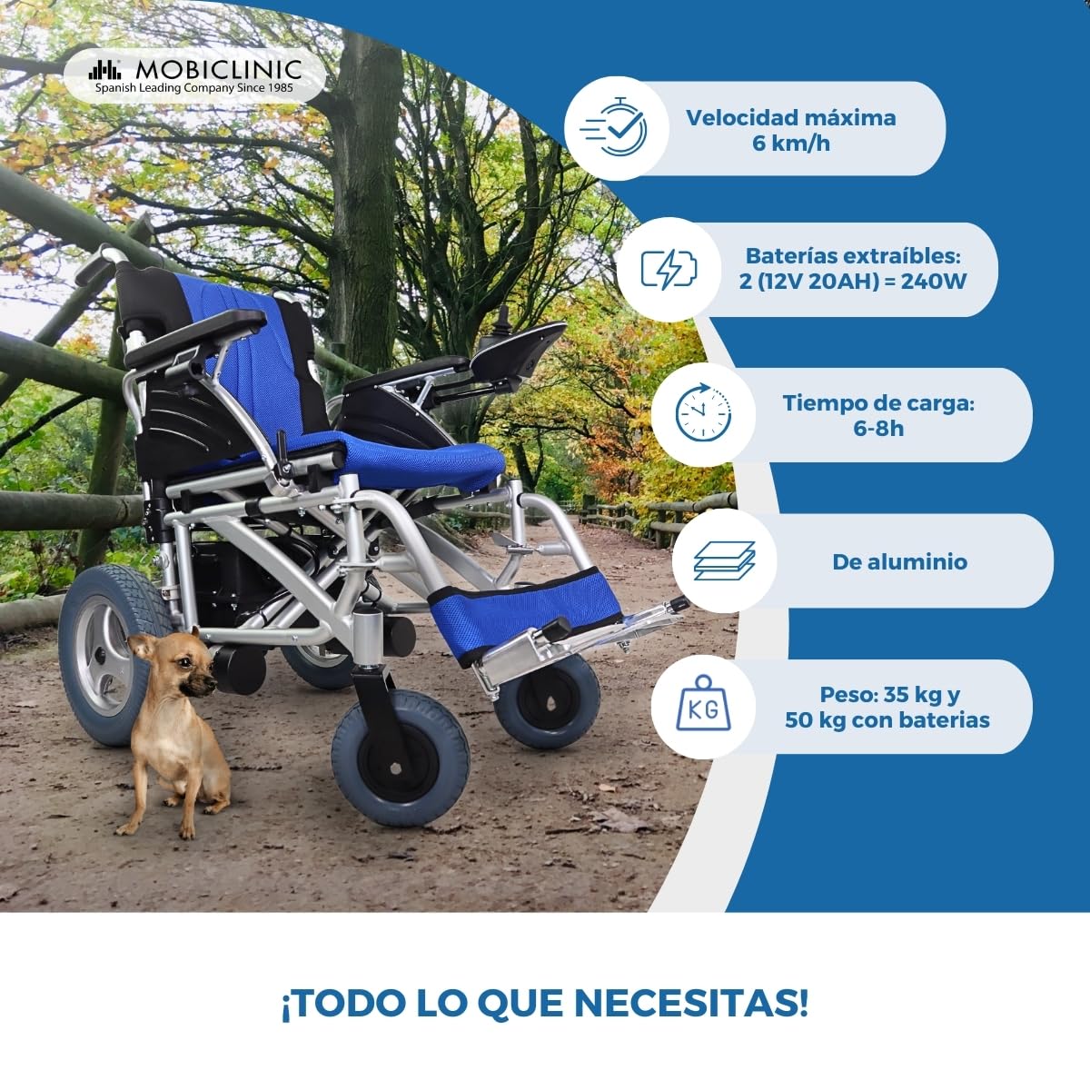 Mobiclinic®, Silla de ruedas eléctrica plegable, 20 km autonomía, 2 baterías gel 24v/200w*2, Aluminio, Ultraligera, 35 kg peso sin, Hasta 120, Con marcha atrás, Joystick ambidiestro