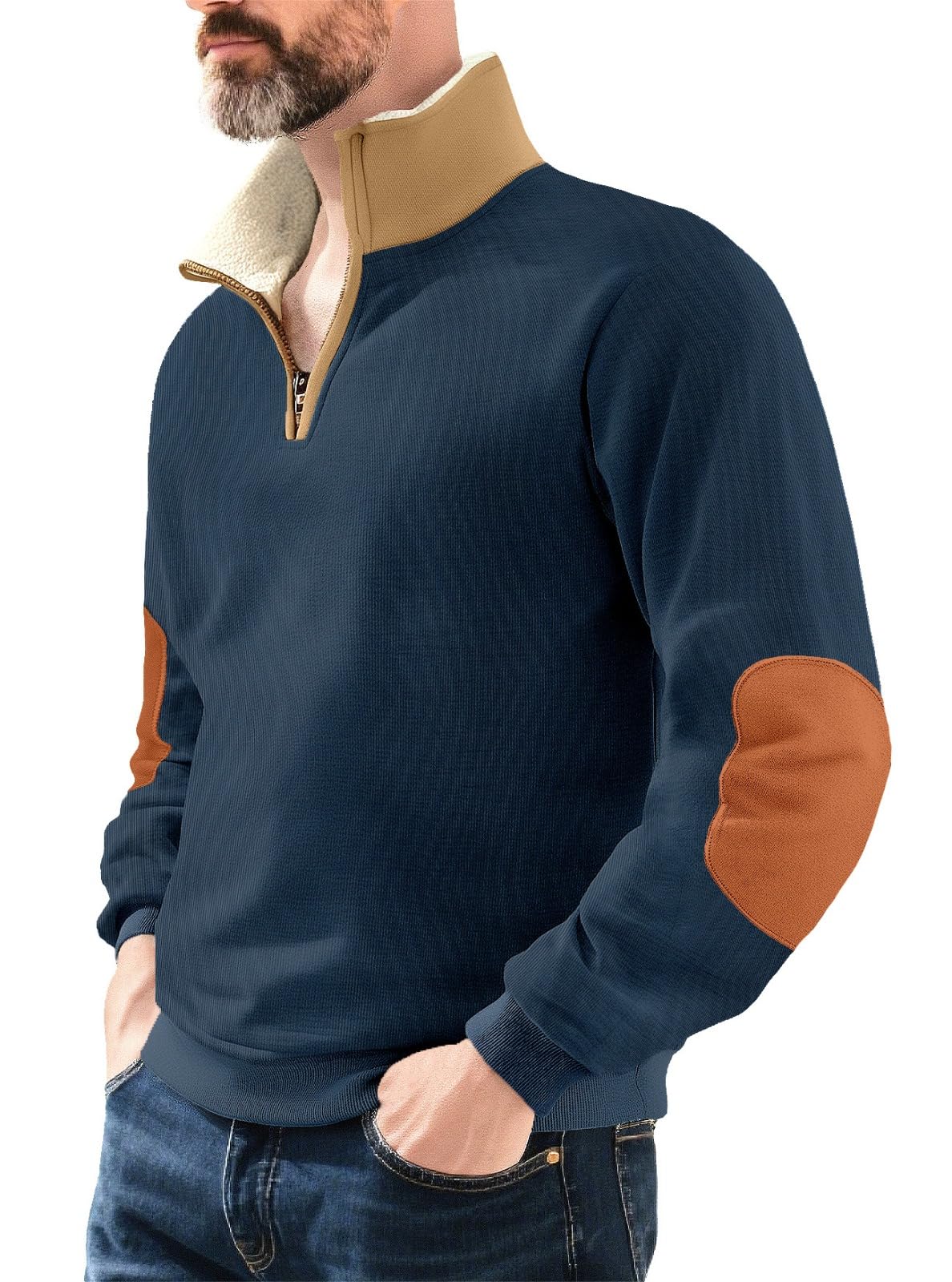 Soltice Herren Langarm Sweatshirt mit Brusttasche, Gestreifter Strickpullover mit Kragen, Meliert, Winter Baumwoll Poloshirt (M bis 3XL) - 5