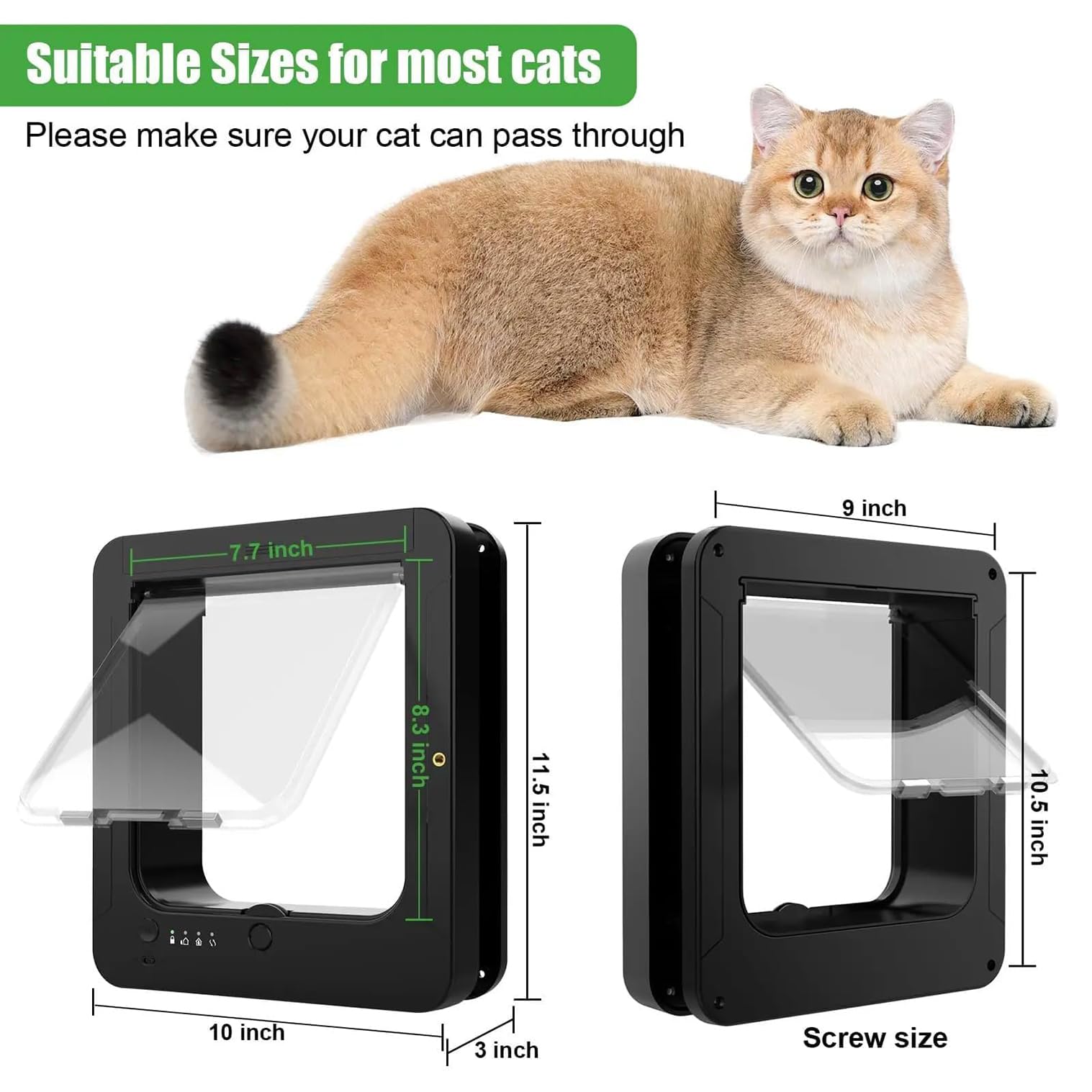 Puerta Inteligente para Mascotas con Microchip para Gatos Y Perros Pequeños | （tamaño exterior 11,5" x 10") desbloqueo automático con 2 llaves de collar remotas cierre de 4 vías puerta para gatos(black)