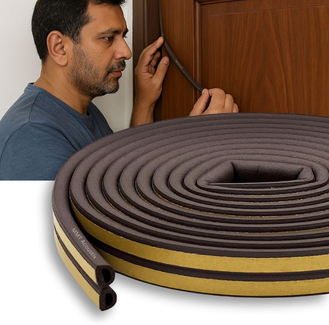 MMT Acoustix® 1pc Vacuum Tech Door/Window Seal Tape for Perimeter, DIY 3M Self Adhesive, Soundproof & Weatherproof Strip, EPDM D Shape, 18Feet, Brown