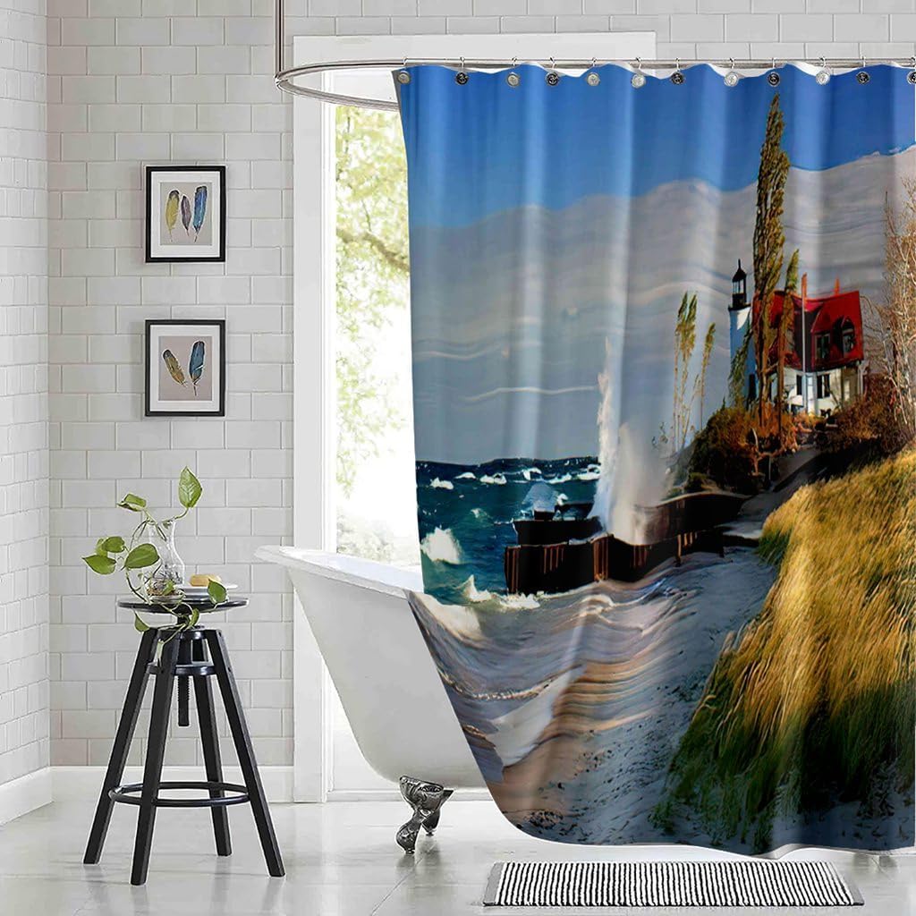 Michigan Shower Curtain Set Landscape Point Betsie Lighthouse Frankfort USA Gale Force Wind and Bathroom Curtains Polyester Fabric Waterproof Bath Curtains Decor 72" W x 72" L with Hooks