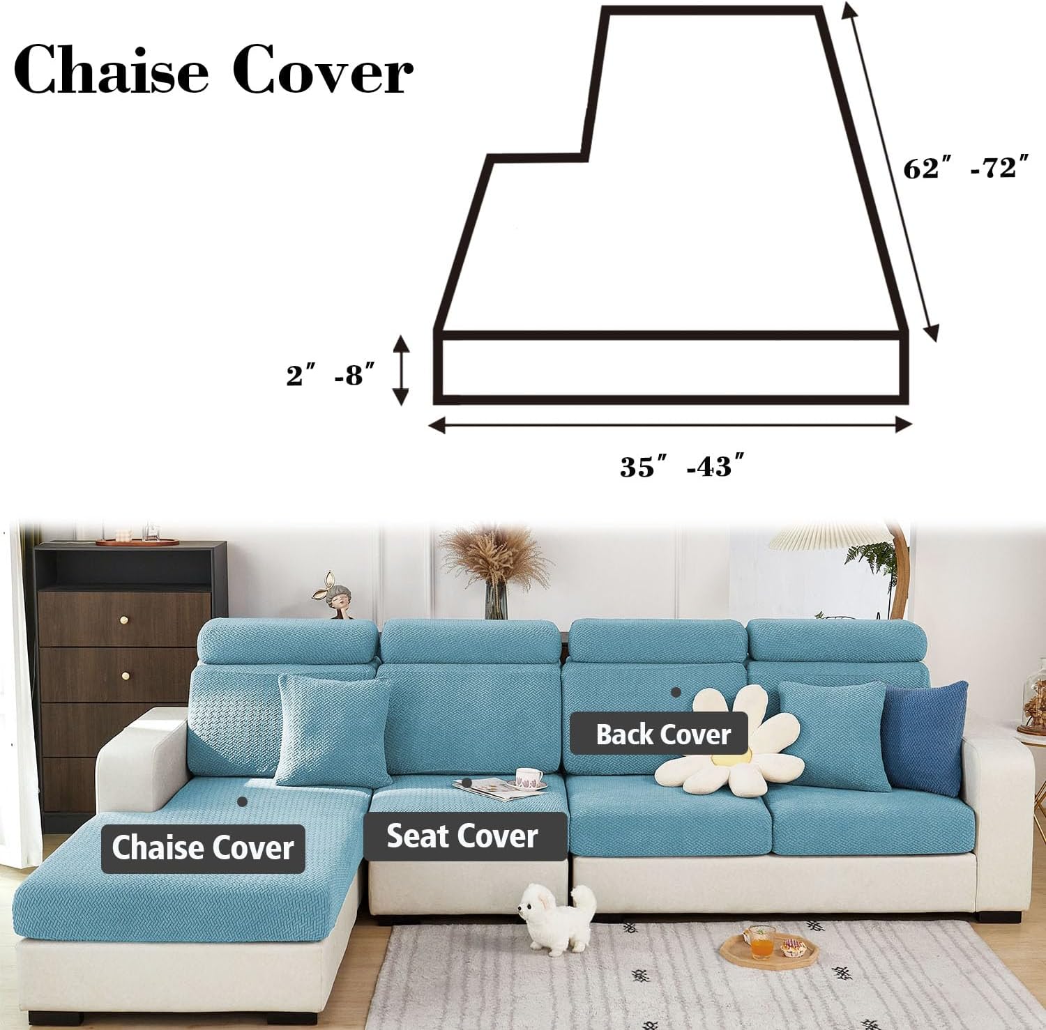 Couch Cushion Covers for Sectional Sofa, Sectional Couch Covers for Furniture, Sofa Covers Washable Stretch Sofa Slipcovers Soft,Anti Slip,Skin-Friendly for Pets (Ocean Blue,Chaise Cover)