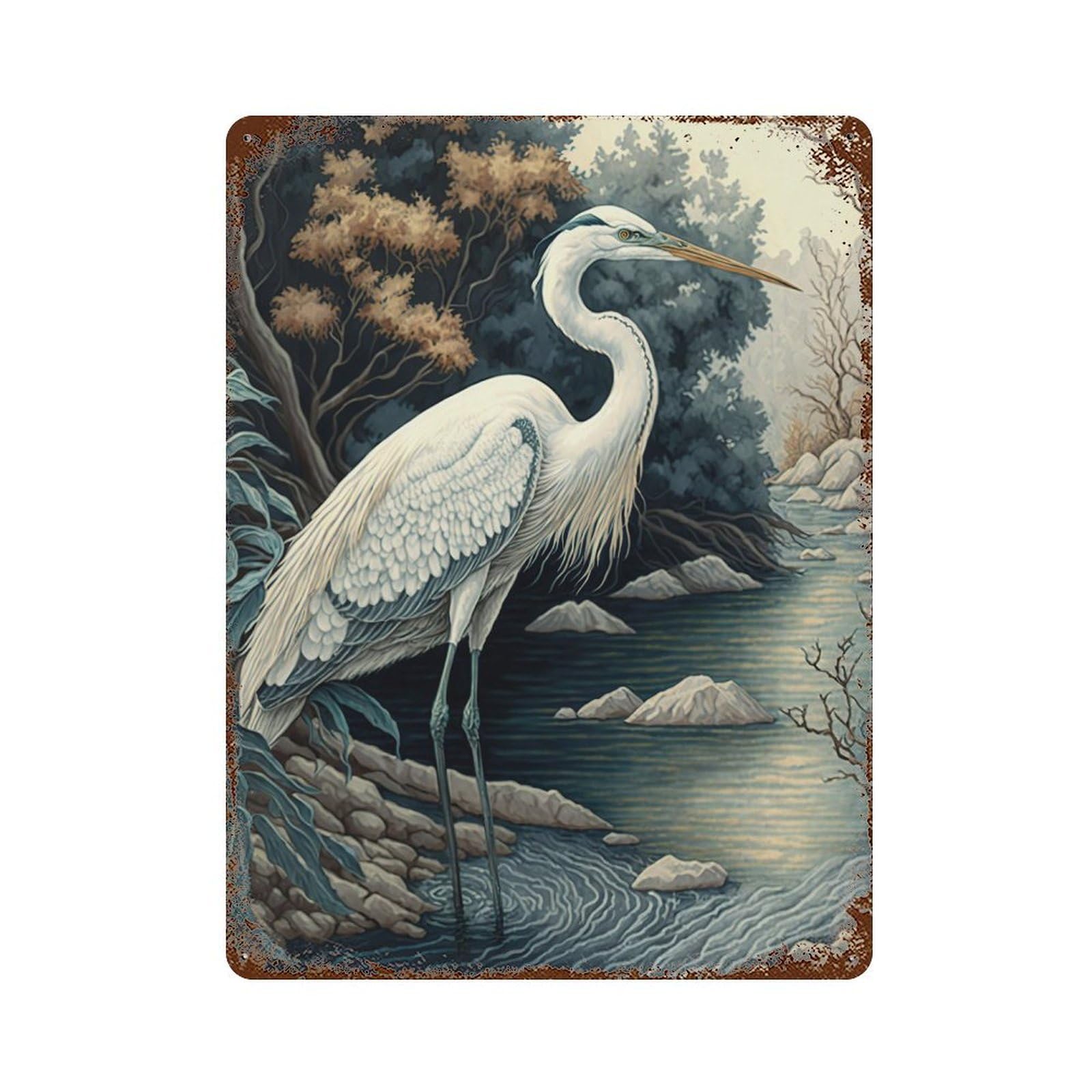 Rust Effect Beautiful Heron Weathered Tin Sign 15.7"x11.8", Novelty Wall Decor for Office, Studio And Wall Decor