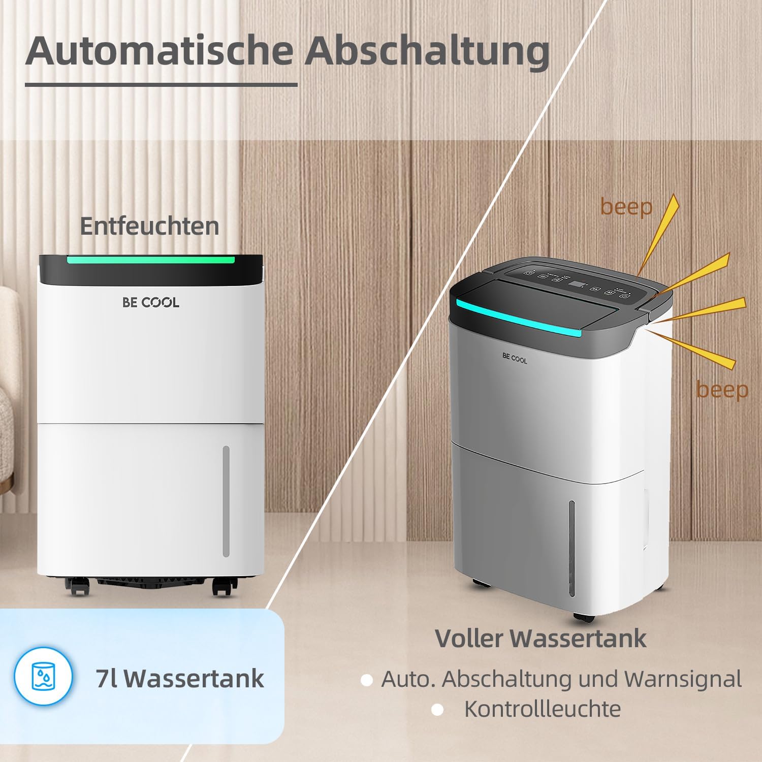 BE COOL BC50LEF2301 Dehumidifier showing automatic shut-off and full water tank alarm