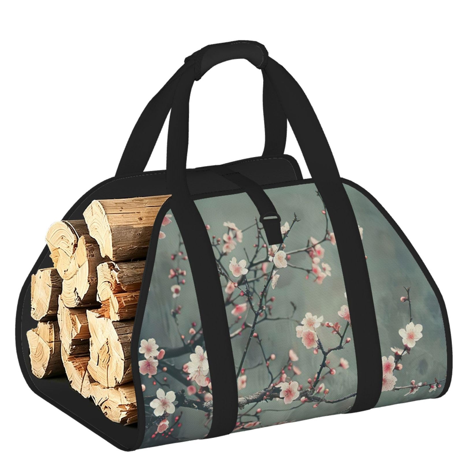 Pphgut Black Japanese Cherry Flowers Print Firewood Bag Wood Carrier Transport Sack Camping Picnic Storage Daily Home