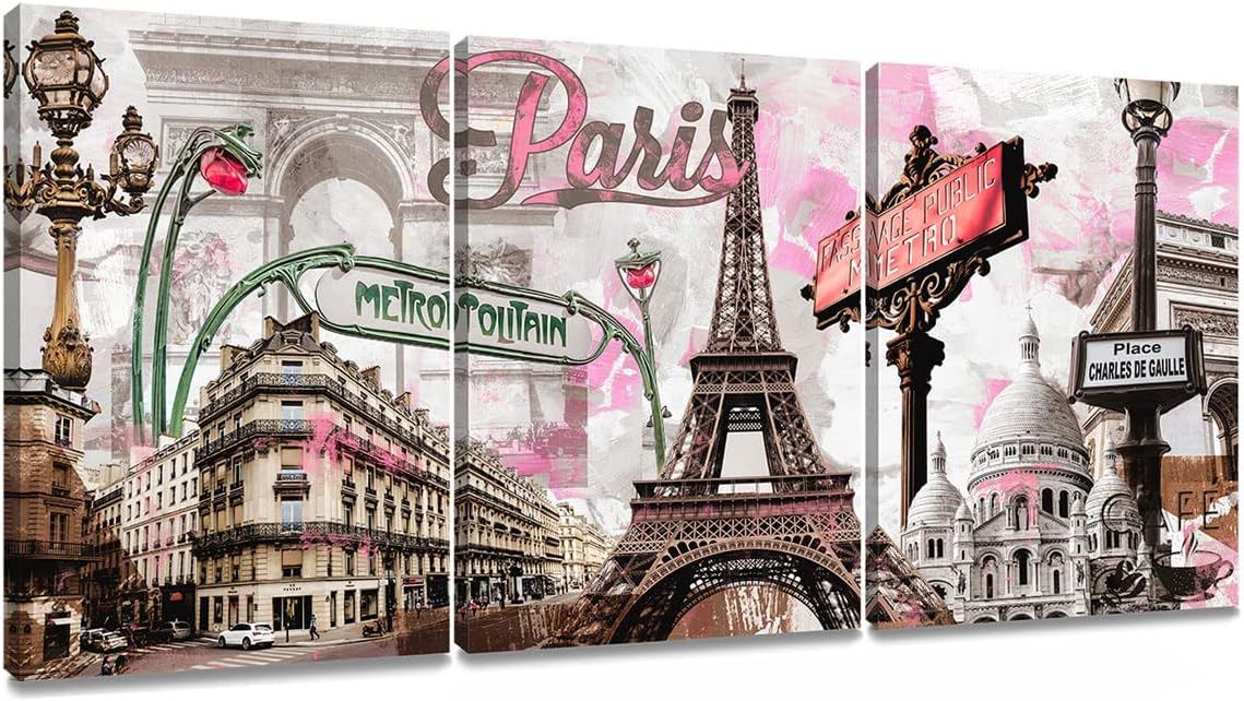 Decor MI Paris Canvas Wall Art Pink Eiffel Tower Paris Decor for Bedroom Canvas Print Wall Art Girls Romantic French Cityscape Framed Print Oil Paintings Living Room Bathroom Kitchen 12x16inch 3 Piece