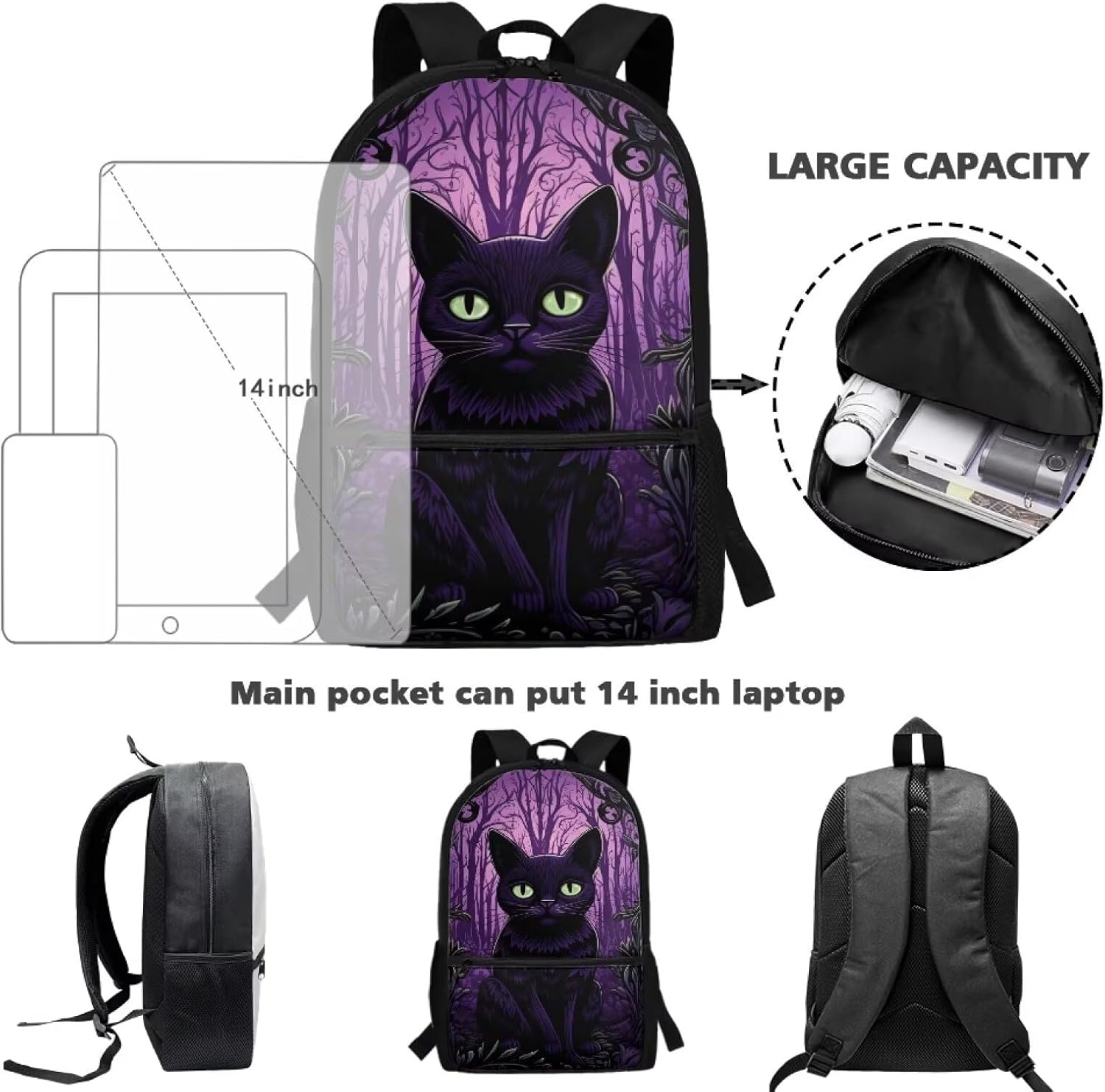 Black Cat Backpack for Girls & Boys - Middle & Elementary School Bag with Front Pocket - Back to School Supplies - Back Pack Purse Knapsack for Daycare