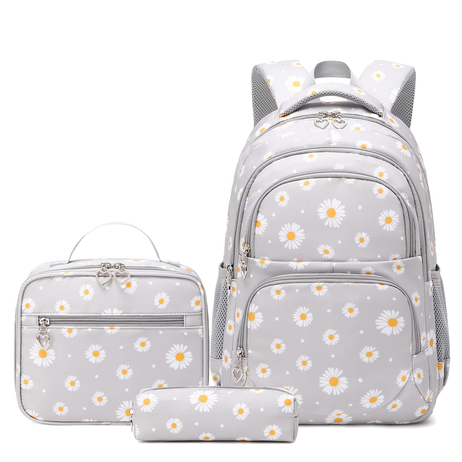 goldwheat Daisy Printed Backpacks With Lunch Pack Pencil Case 3pcs, Lightweight Water Resistant Bookbag For Middle School
