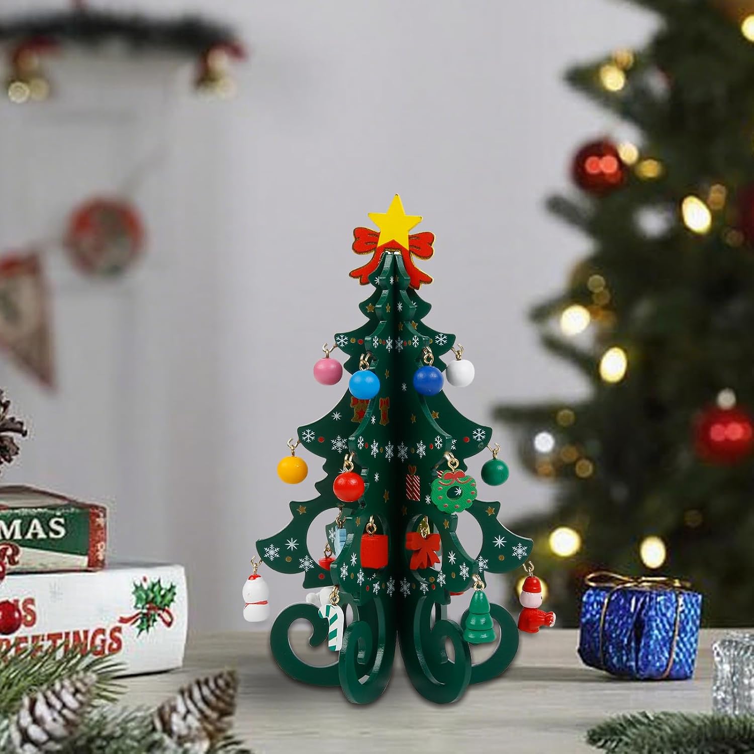 TEBIEKOY DIY Mini Wooden Christmas Tree with Ornaments Set, Cute 7 Inch Small Xmas Tree Kit with 24 Hanging Decorations New Year Parties Supplies, Easy Installing Holiday Craft Gift for Families