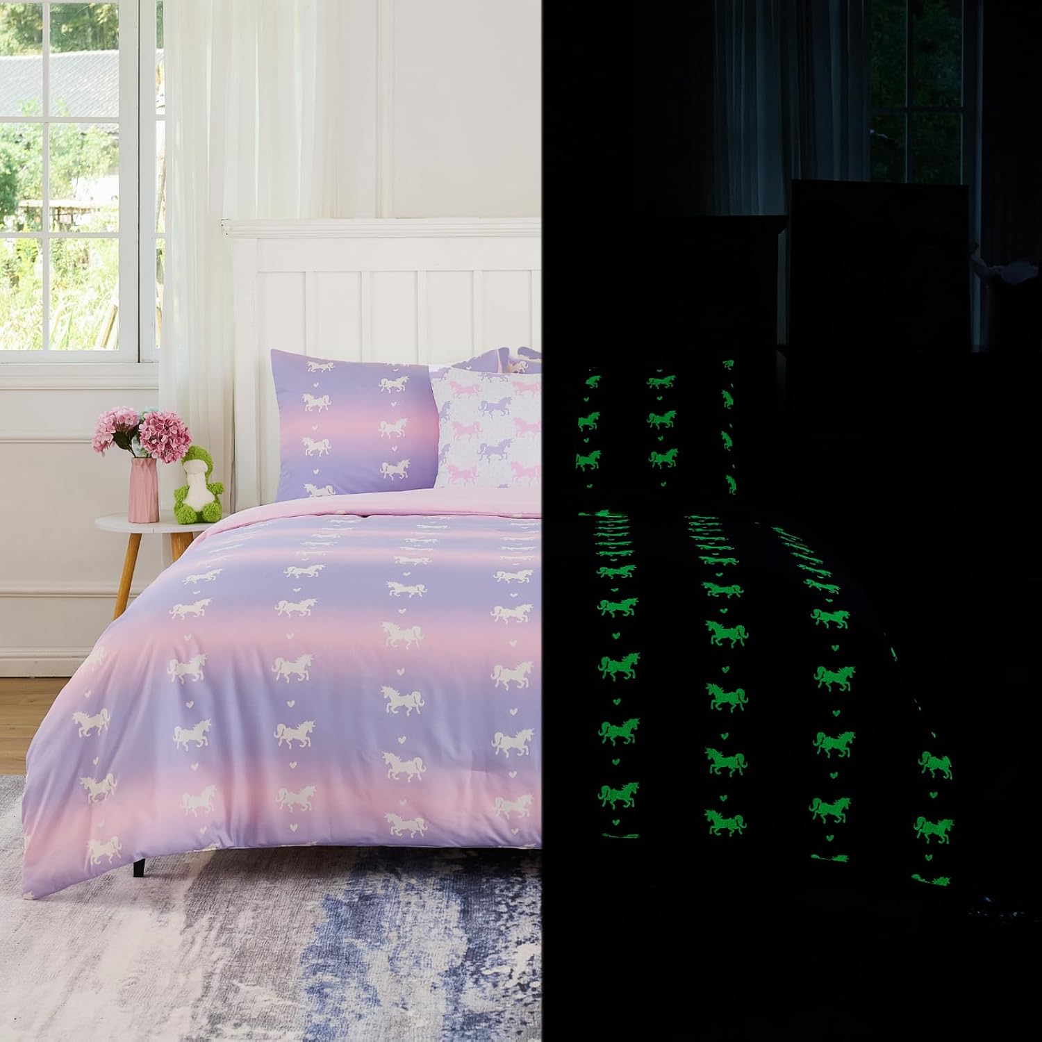 Cokouchyi Twin Comforter Sets for Boys Girls, Unicorn Glow in The Dark Kids Bedding Sets, 5 Pcs Twin Bed in a Bag with Comforter, Sheets, Pillow Sham, Cushion Cover, Unicorn
