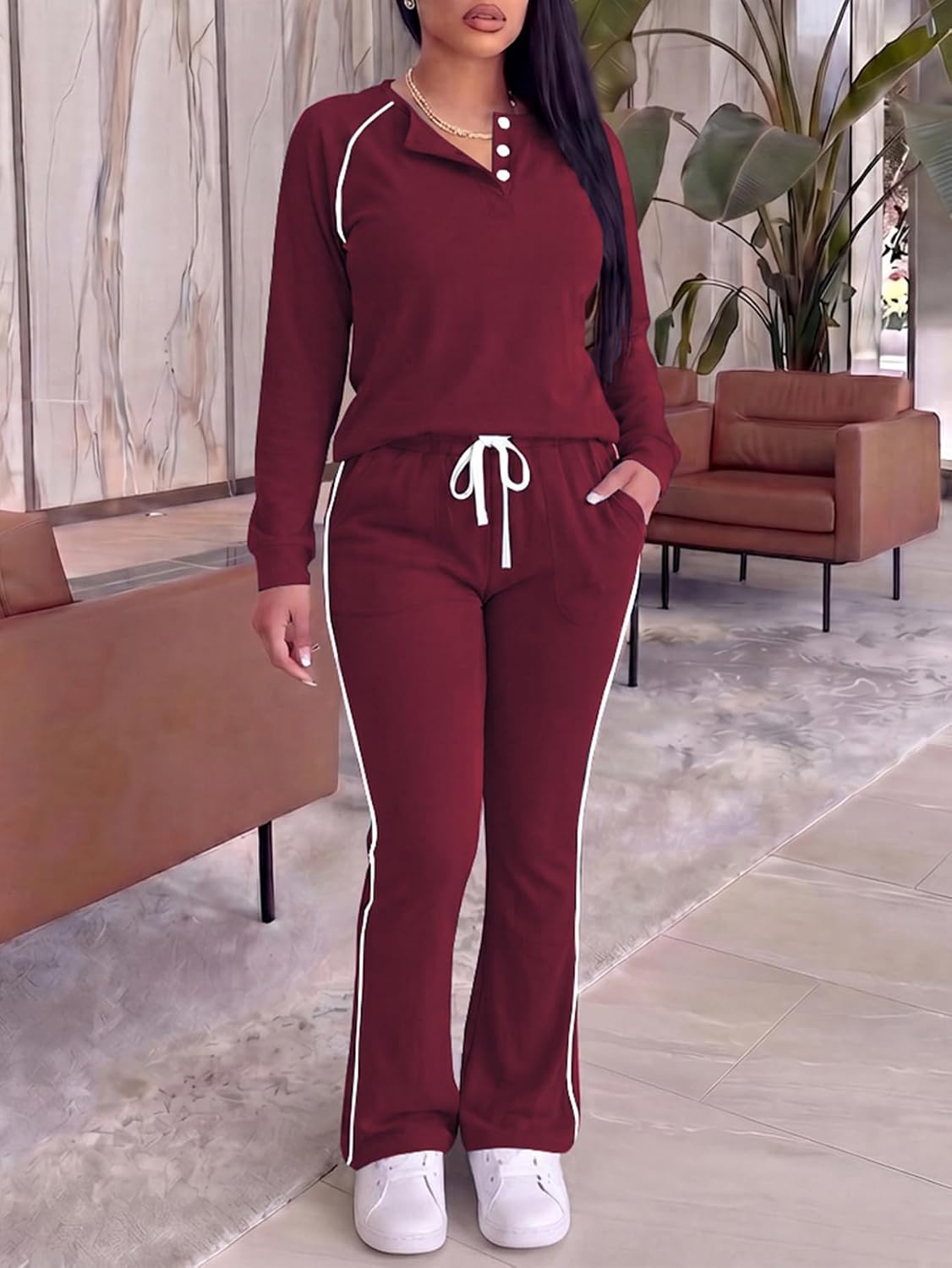 HBQ Women 2 Piece Tracksuit Long Sleeve Flare Pants with Pockets