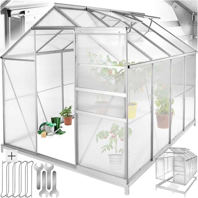 TecTake tectake® Aluminium Gewächshaus, 250x185x195 cm, Treibhaus, Tomatenhaus, Frühbeet, Pflanzenhaus, UV beständig, 4 mm Platte, Schiebetür &amp; Dachfenster, Schutz vor Kälte, Regen und Frost - mit Fundament — Gewächshäuser