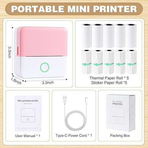Vista 7 de cudinham Print Pods - Mini impresora, impresora térmica sin tinta con 10 rollos de papel de impresión, cápsula de impresión de bolsillo para Rosa