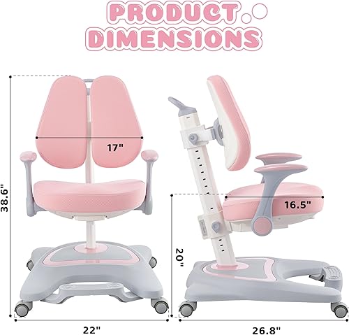 Miniatura 2 de ERIYA Silla de escritorio para niños, silla ergonómica: altura ajustable, soporte de respaldo doble, multifuncional para estudio/trabajo/comedor