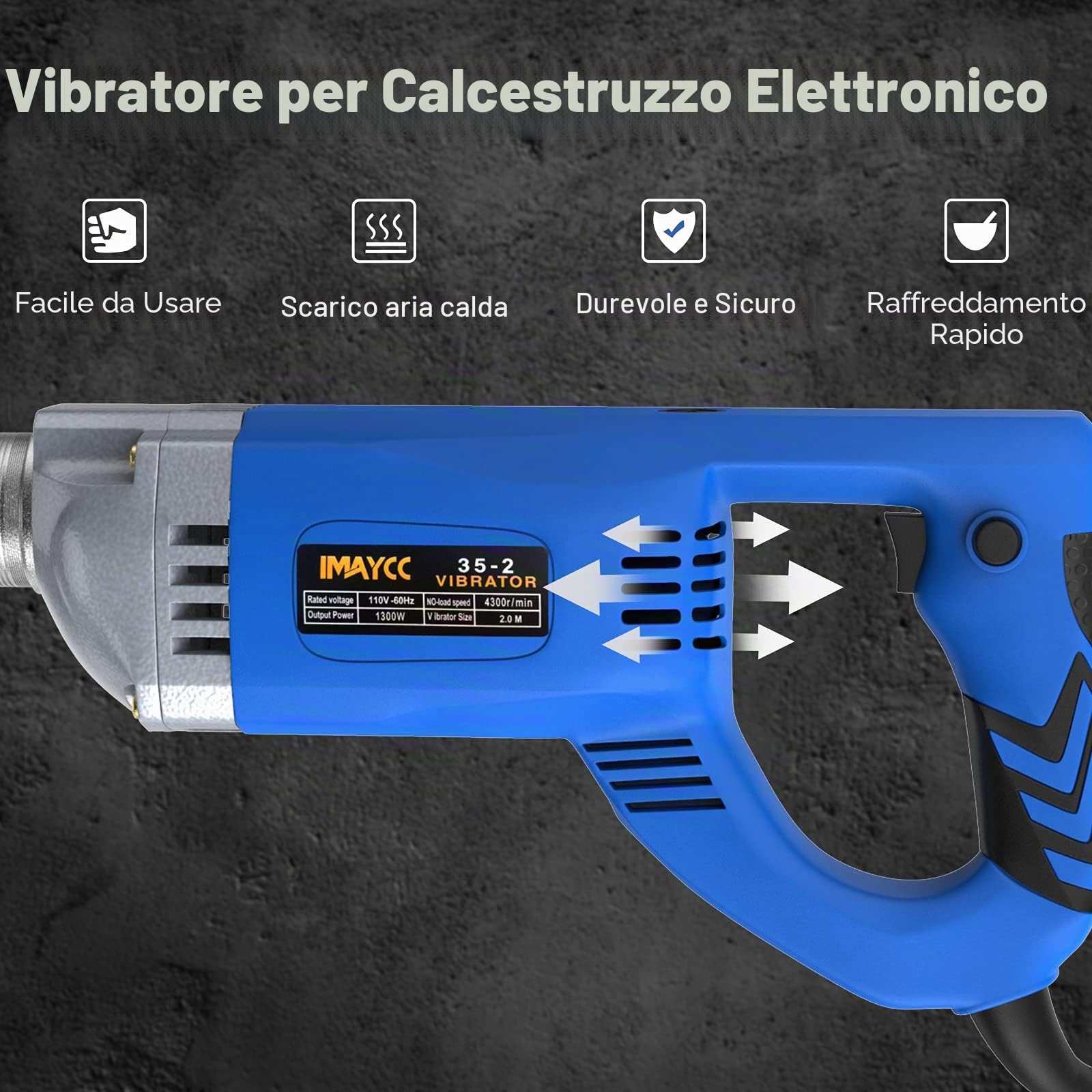 IMAYCC Vibratore per Calcestruzzo Elettrico,1300 W, 220 V, 4300 giri/min, tubo di 2 m, Spazzola di carbone esterna.