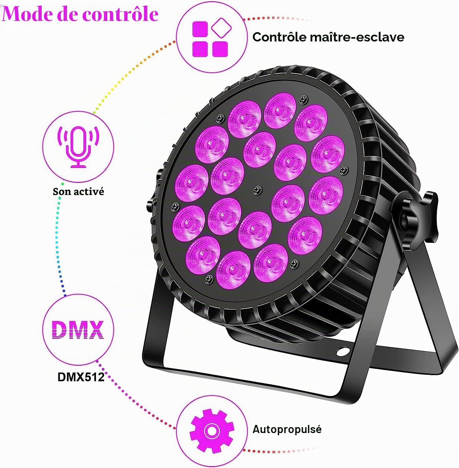 DMX512 Projecteur de scène à 18 LED 200 W par UV+RGB, lumière disco 8 CH par projecteur, stroboscope/son/actif, effet de lumière DJ pour show bar, fête, festival de musique, Halloween (4 de)