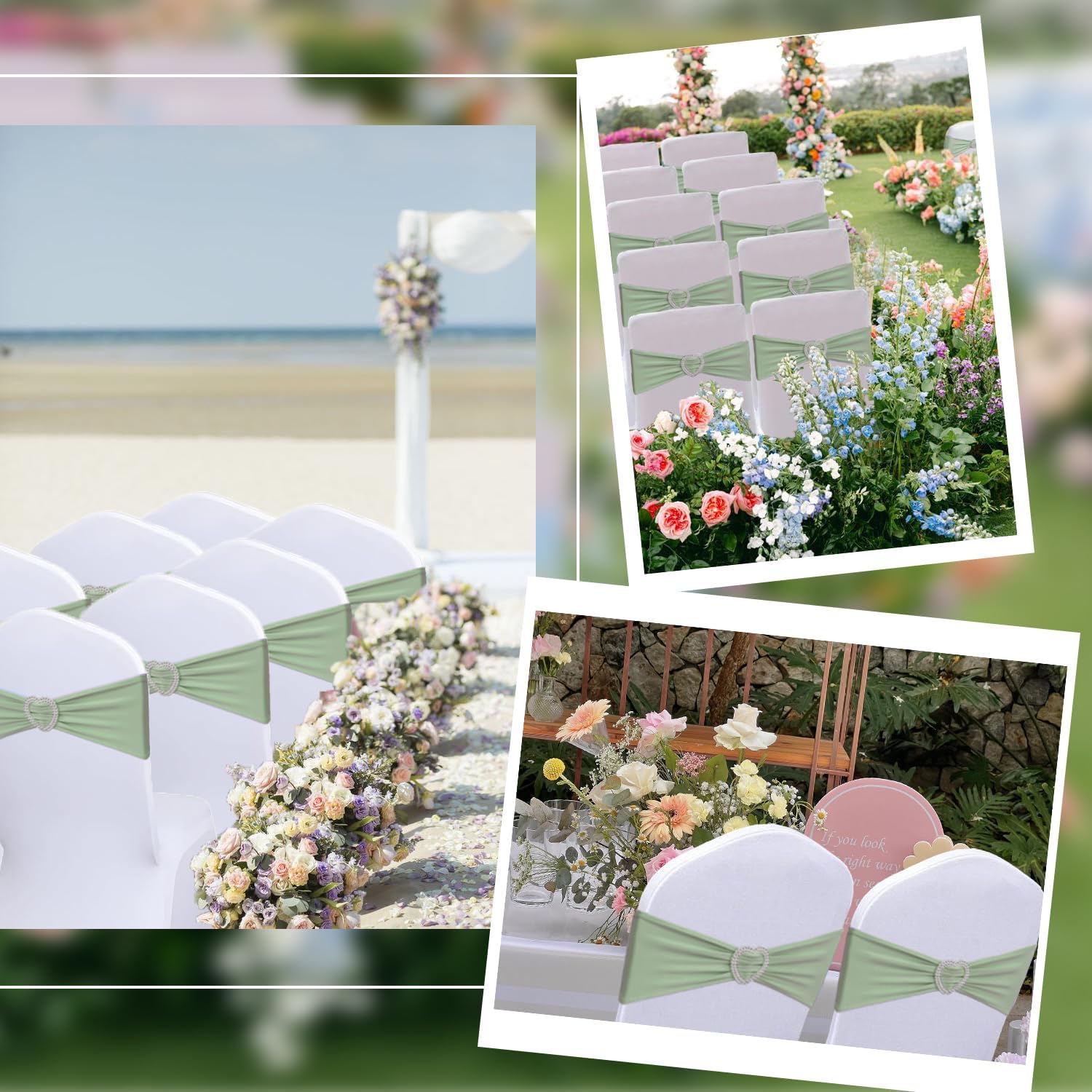 Sage Green Chair Sashes 100 Pack Spandex Sage Chair Sashes Bows with Heart Buckle Slider for Wedding Banquet Party Decorations