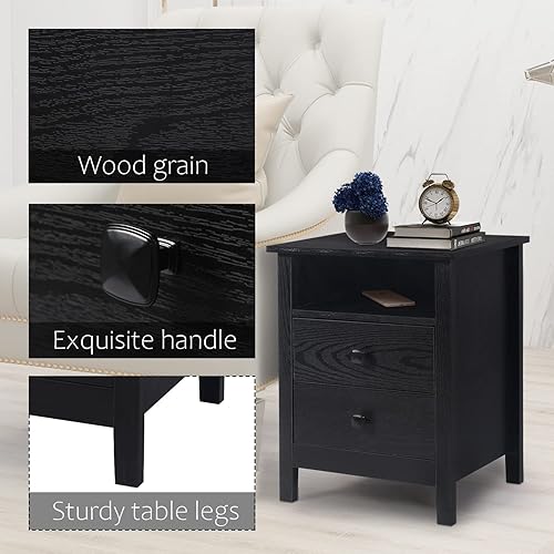 Vista 5 de Vikiullf Mesitas de noche de 2 cajones, juego de 2, muebles de dormitorio estilo granja con mesita de noche de madera, mesita de noche, cajones