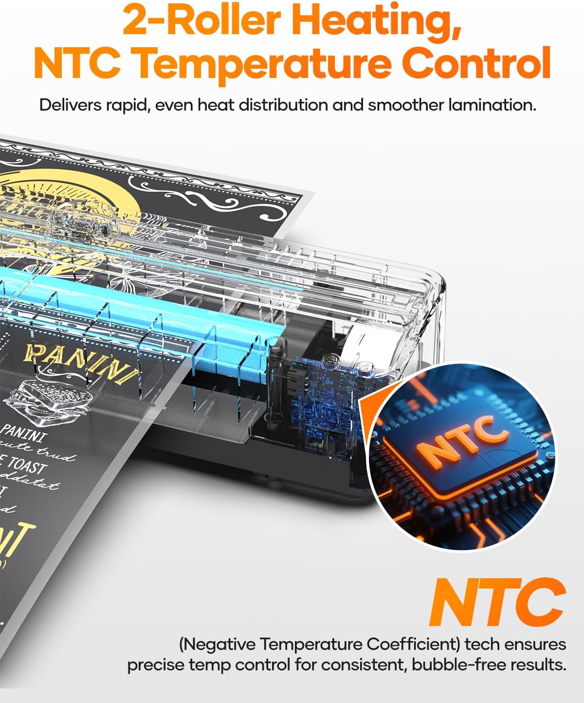 Laminator showing hot and cold lamination modes with examples of documents