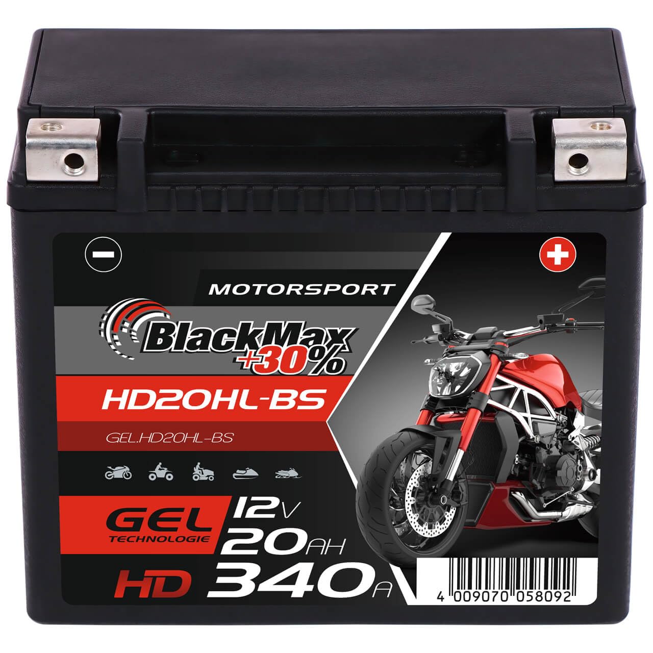 BlackMax Motorsport HD GEL Motorradbatterie YTX20HL-BS 12V 20Ah 340A | Starterbatterie extrem rüttelfest für schwere Cruiser & Tourer - Wartungsfrei, geladen & auslaufsicher
