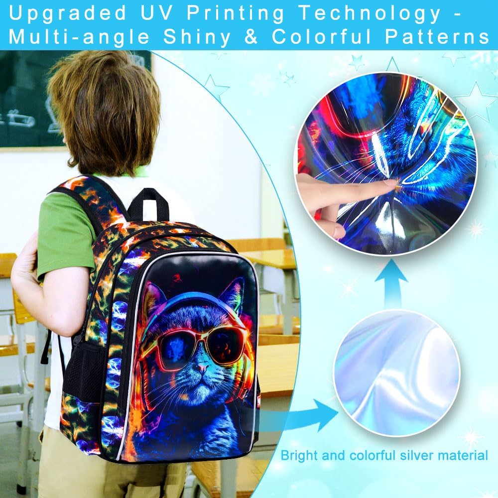 HPJGD 3PCS Boys Cat Bookbag, Water Resistant Kids Backpack with Lunch Box, 17" School Bag Set for Teenagers Middle Elementary - Sunglasses Cat
