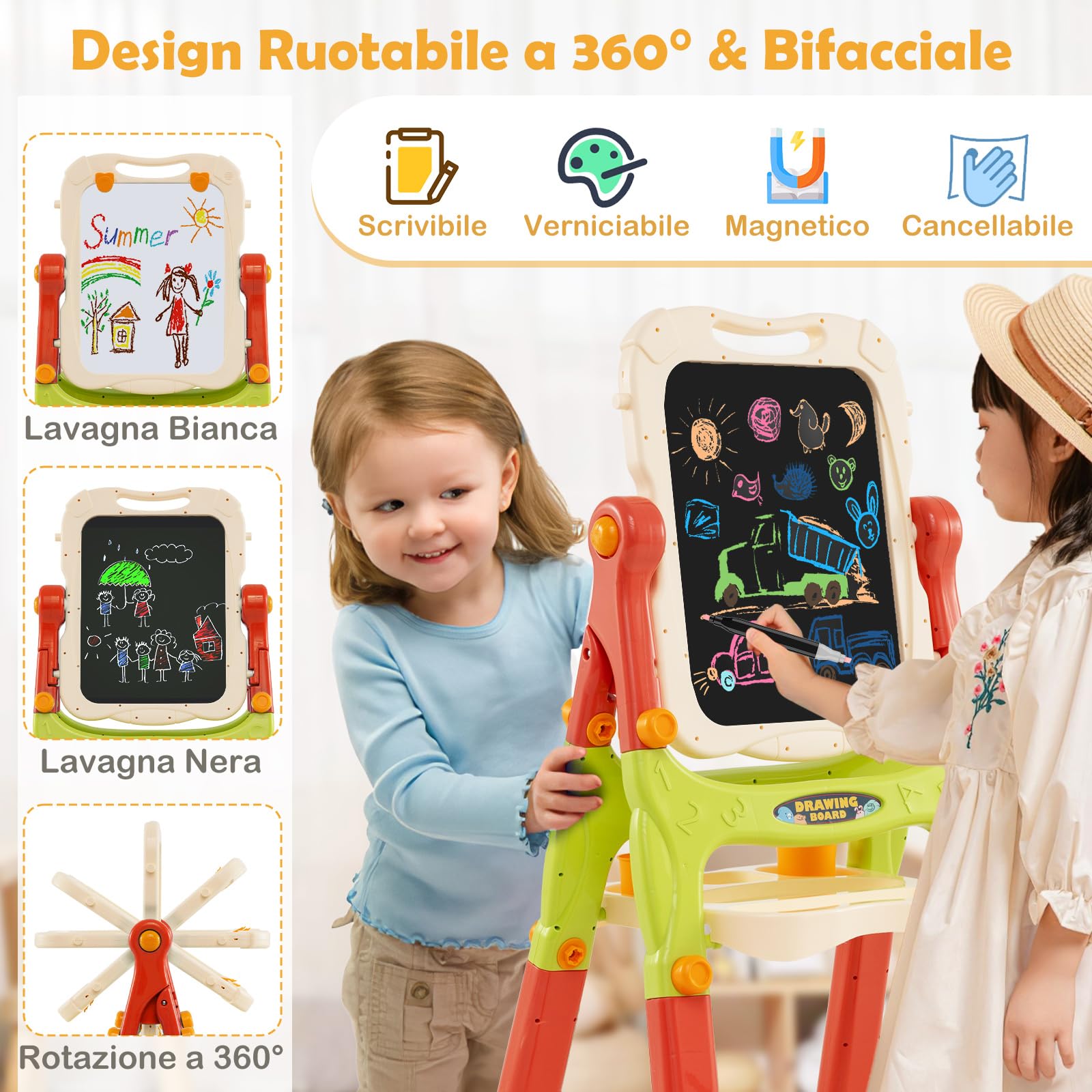 RELAX4LIFE Cavalletto con Tavola Rotante Doppia Faccia per Bambini, Cavalletto Artistico con 2 Altezze Regolabili e Tavola da Disegno Rimovibile, Regalo di Compleanno per Ragazzi e Ragazze (Arancione)