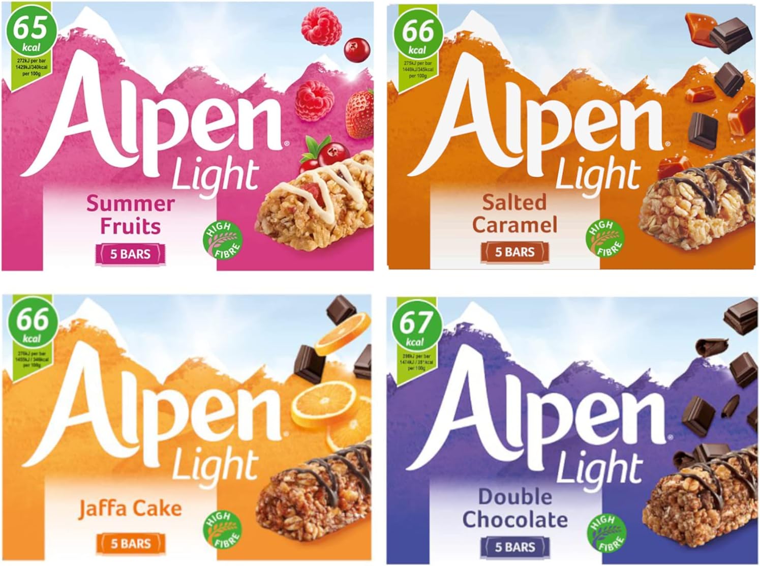 Alpen Bar Light (5 Bars) Variety Bundle Pack of 4 Double Chocolate, Salted Caramel, Summer Fruits, Jaffa Cake
