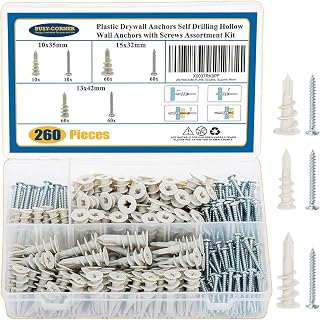 BUSY-CORNER 260PCS Self-Drilling Drywall Anchors Kit, 3 Sizes Nylon Plastic Hollow Wall Anchors with Screws, No Pre-Drill Needed