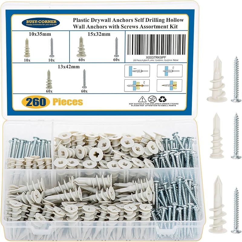 260 anclajes autoperforantes para paneles de yeso, 3 tamaños de anclajes de pared de plástico de nailon con tornillos para paneles de yeso, no requiere preparación previa del agujero, 10 x 35 mm, 13 x 42 mm, 15 x 32 mm