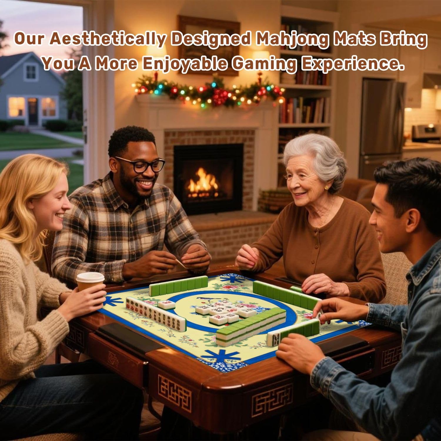 Chinoiserie Mahjong Mat with Carrying Bag 31.5" x 31.5" Floral Bouquet Bird Blue Circular Frame Yellow Non-Slip Noise Reduction Table Mat for Mahjong Poker Dominoes Card Games