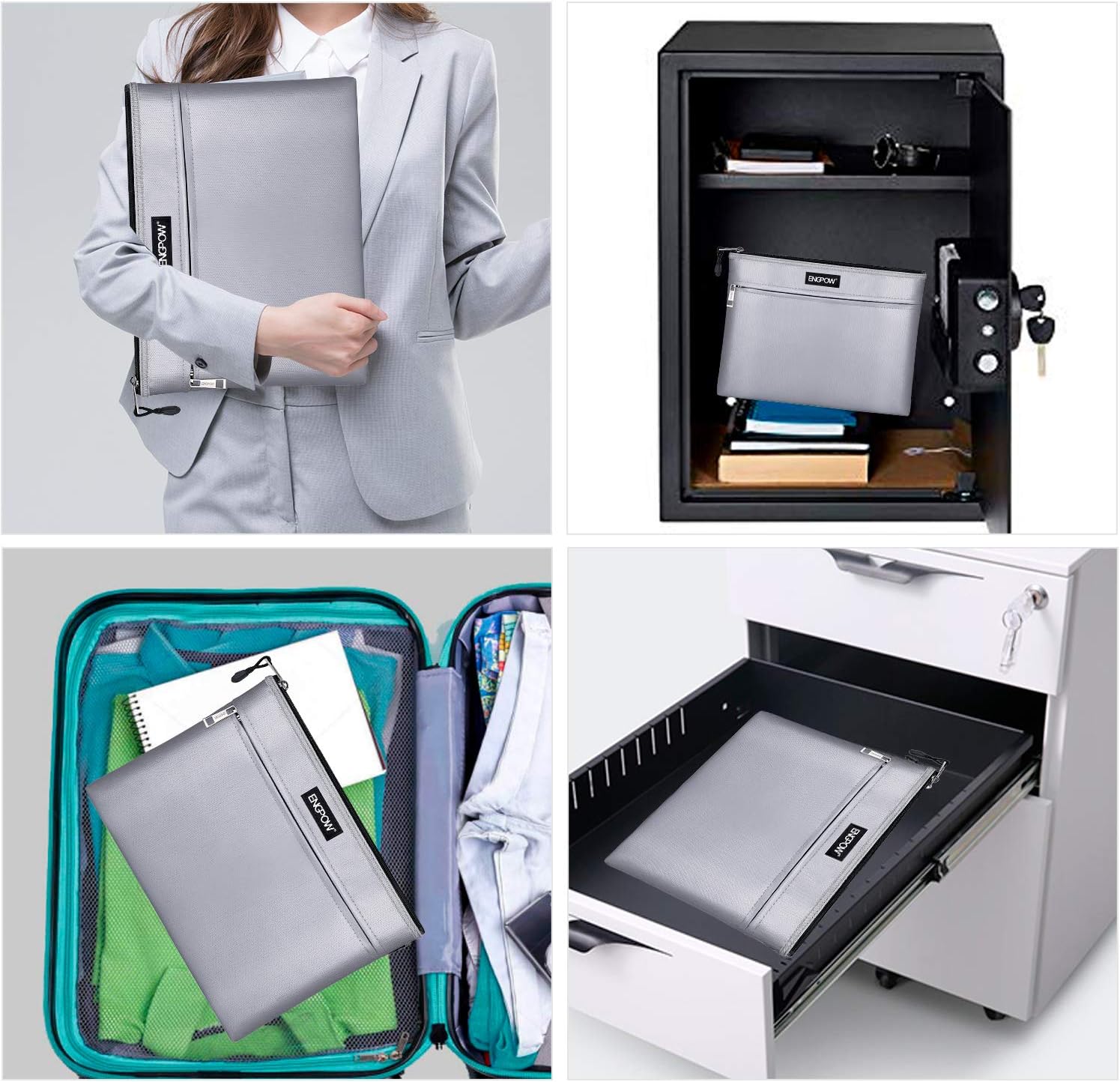 ENGPOW Fireproof Document Bags,Non-Itchy Fireproof Money Bag,13.4"x 10.2" Two Pockets Fireproof Safe Pouch File Storage for A4 Document Files, Passport, Tablet(Silver)