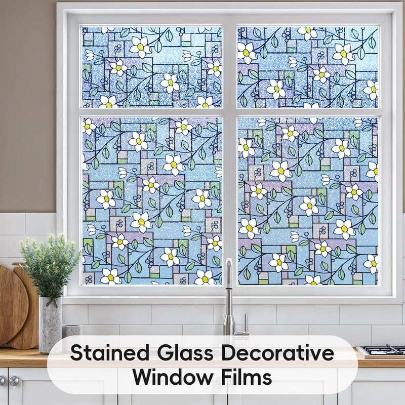 Image of Blue Flowers Printed GlassFilm Window Film Window Sticker Glass stickerFor Privacy, Sun Control, Decor for Home, Office & Bathroom (12 Inch X 60 Inch)