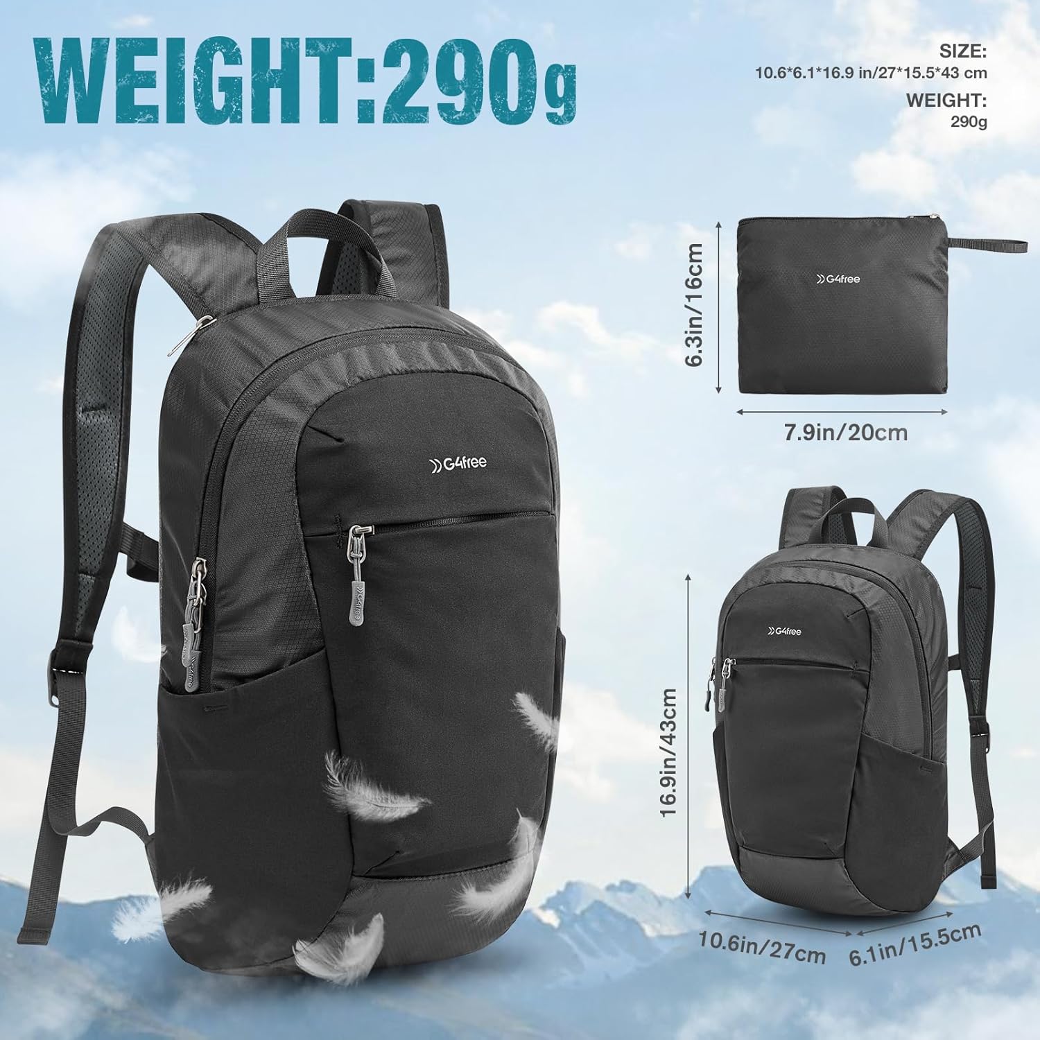 G4Free Packable Hiking Backpack 20L Lightweight Foldable Travel Daypack with Thickened Back Panel for Men Women(Black) - Image 6