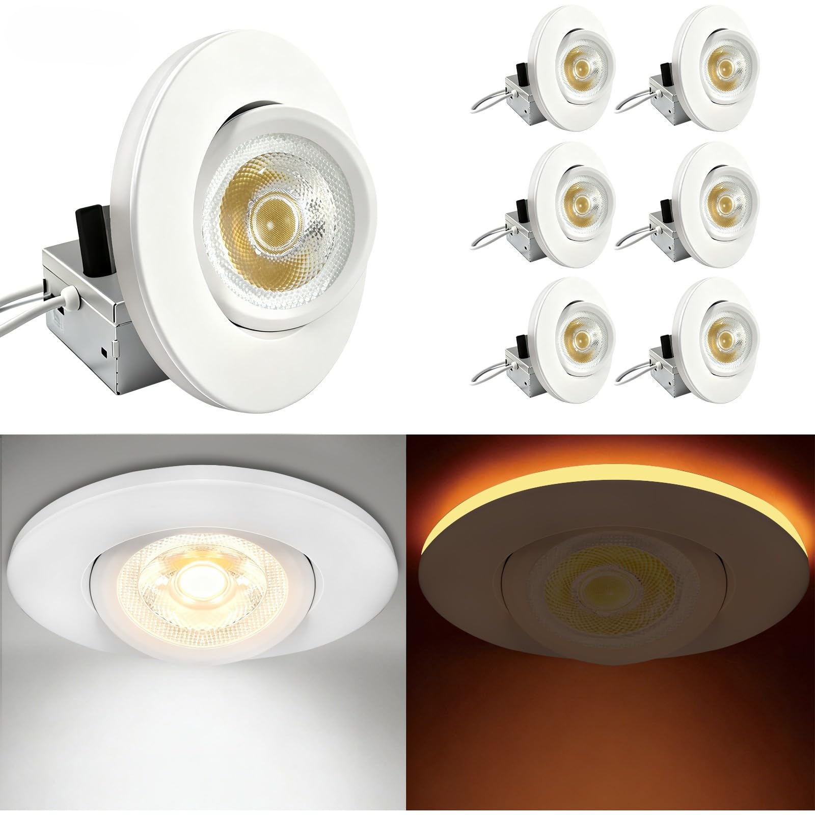 4-inch Night Light 5 CCT Gimbal LED with Recessed/Downlight Color Selectable 2700K/3000K/4000K/5000K/6000K 800Lm 9W 120V Dimness Adjustable LED Lights (White, 6 Packs)