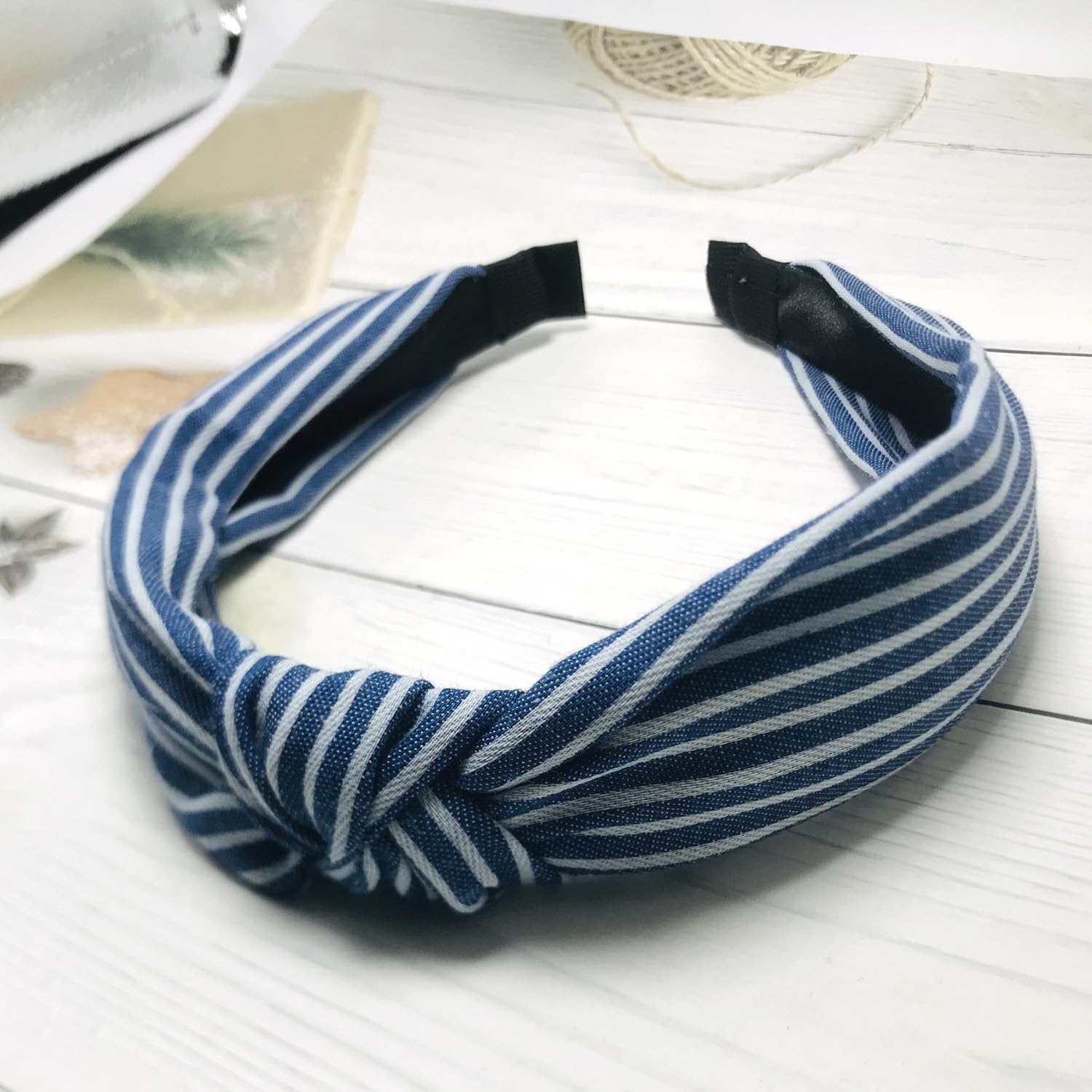 Blue Denim Knot Headband Stripe Pattern Cross Knotted Design Non Slip Hair Hoop Stylish Hair Accessory for Women and Girls Daily Wear and Various Occasions - Image 4