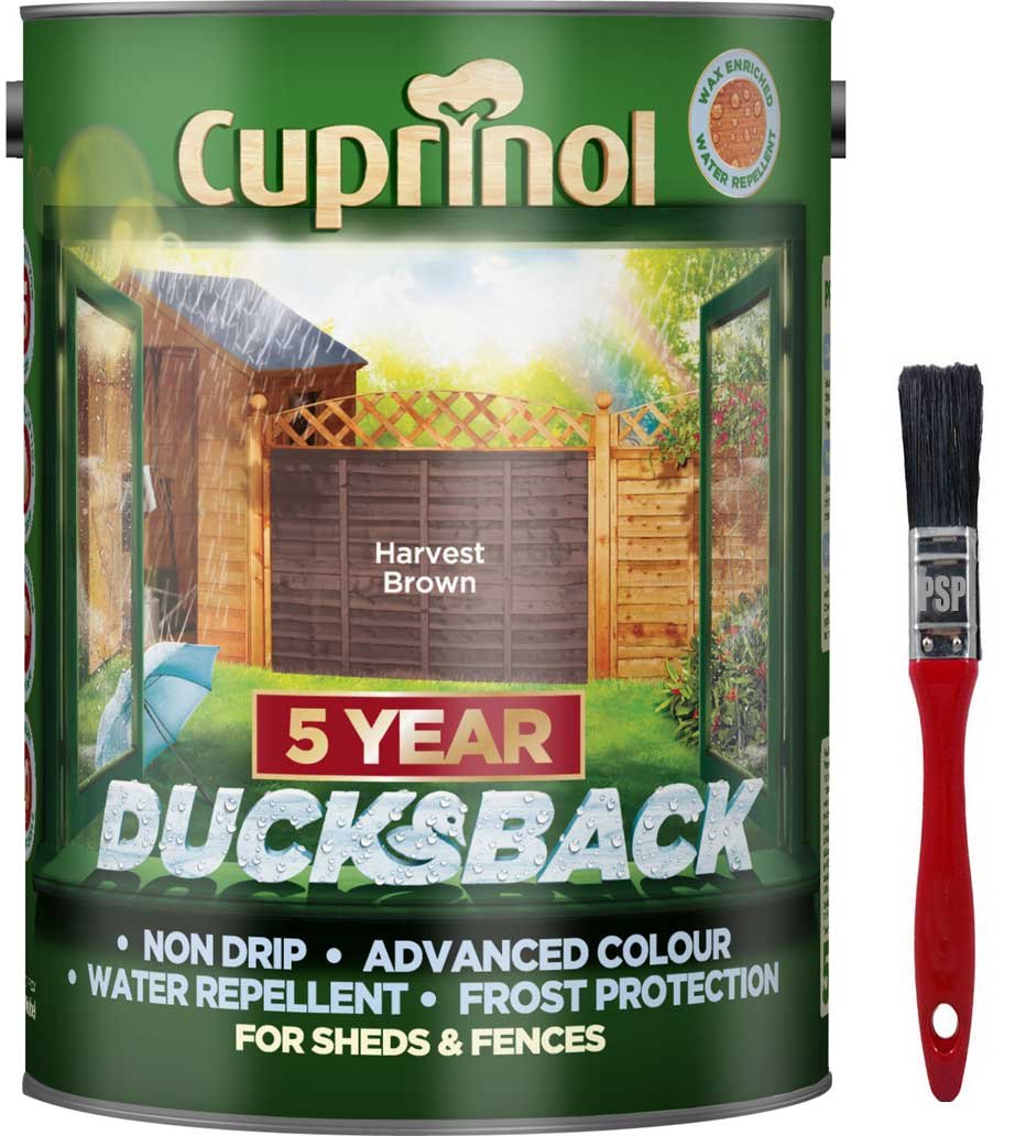 New 2020 Cuprinol Ducksback Shed & Fence Paint 5 Litre Harvest Brown. Non Drip, Water Repellent and Frost Defence. Protection for 5 Years. Includes PSP Touch up Brush.