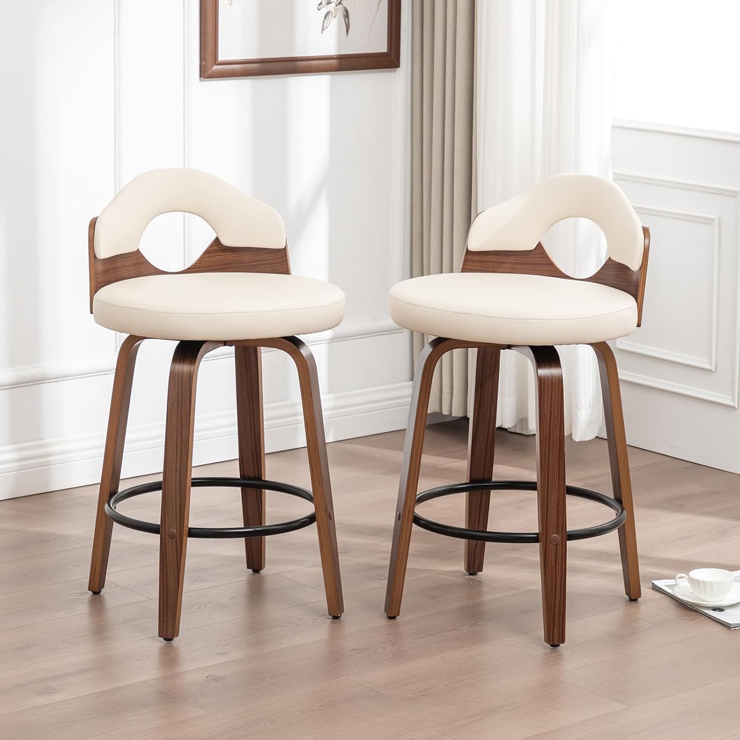 30" Swivel Bar Stools Set of 2,Mid Century Modern Faux Leather Barstools,Bar Height Bar Chairs with Low Back for Kitchen Island Counter Stool(Beige)