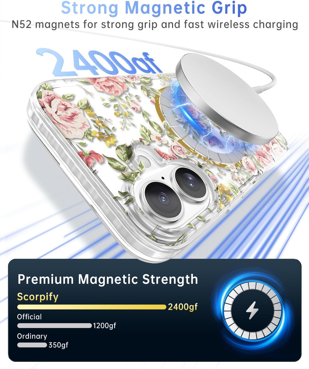 SCORPIFY for iPhone 16 Case [Compatible with MagSafe] with Country Rose Floral Design, Cute Clear Flower Magnetic Phone Cover for Women Girls, [Non Yellowing] Slim Bumper with Gold Accents