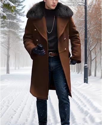Maiyifu-GJ Mens Wool Blend Double Breasted Overcoat Winter Slim Fit Long Trench Coat Classic Lightweight Business Pea Jacket