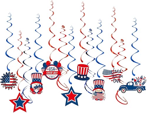 Decoración de fiesta conmemorativa del 4 al 4 de julio, serpentinas – 13 piezas de pancarta colgante de remolinos rojos, blancos y azules, guirnalda